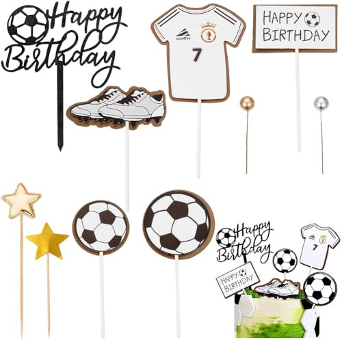 SUNNYCLUE 1 Box 46Pcs Football Cake Topper Decorations Soccer Cake Toppers UK Sports Theme Acrylic Paper Christmas Berry Star Birthday Cakes Cupcake Insert Card for Men Women Player Party Supplies