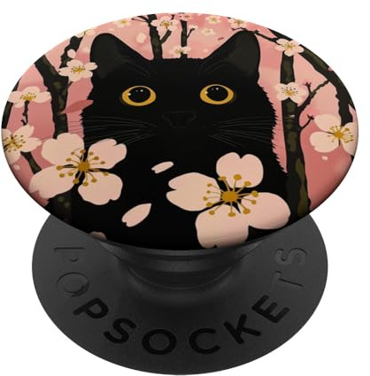 Schwarze Katze mit Kirschblüten rund um rosa Grafik PopSockets Klebender PopGrip