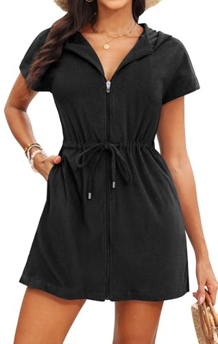 Womens Terry Cloth Cover Up Hooded Swim Cover with Zipper and Pocket