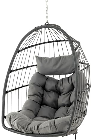 DREAMADE Hängesessel mit Sitzkissen & Kopfstützkissen, klappbarer Hängekorb Hängestuhl Hängesitz Hängeschaukel für Indoor, Outdoor Schaukel Hängestuhl für Kinder und Erwachsene Grau