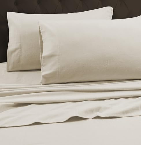 Tribeca Living Queen Cotton Flannel Flat Sheet Only 170-GSM - Oversized 112 x 106 Inch Dimensions for Generous Bed Coverage - Soft Breathable Bedding in Ivory