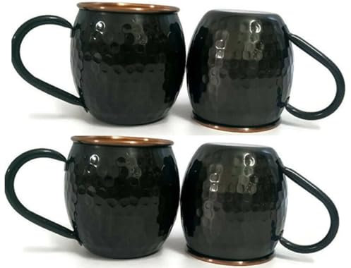 GRAINEX ENGINEER Moscow Mule Copper Mugs - Set of 4 | 100% Pure Copper Food Safe 16.9 Oz Handcrafted Mule Cups with Coaster for Beer, Wine, Party, Cocktail | Black Antique Moscow Mule Mugs