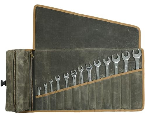 Kaaltisy Leinwand Werkzeugrolle, 16OZ gewachstem Segeltuch Wrench Roll - mit Tool Slots + 2 Reißverschlusstaschen - Armee Grün, Tragbare Roll Up Werkzeugtaschen für Handwerker Repairman Gärtner