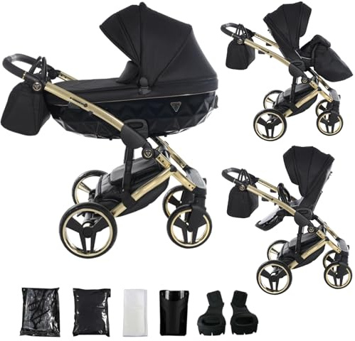 Junama Kinderwagen Diamond S 2in1 3in1 4in1 (02 – Schwarz und Gold, 2in1 mit Adaptern)