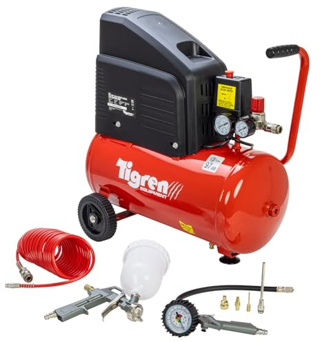 Tigren Compressore d'aria ad azionamento diretto, senza olio, 230 V, 24 L, 2 hp, 1,5 kW, 116 psi, 8 bar, 8 CFM 97d, con kit di 7 accessori per aria con pistola a spruzzo, tubo dell'aria e gonfiatore