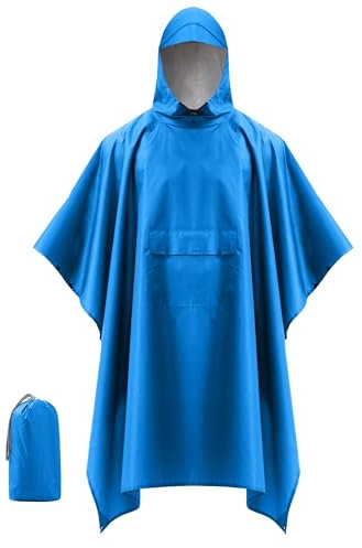 Coutyuyi Wasserdicht Regenponcho Unisex, Wiederverwendbar Regenjacken 3 in 1 Multifunktionaler Regencape mit Tasche Regenmantel Regenschutz für Wanderungen,Camping（Himmelblau,L）