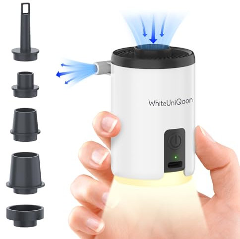 WhiteUniQoon Pompa ad aria per gonfiabili, mini pompa ad aria con batteria da 1600 mAh e luce da campeggio, ricaricabile tramite USB, per gonfiare rapidamente, sgonfia per galleggianti da piscina