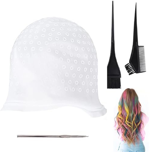 Highlight Cap and Hook Kit,Punched White Hair Highlighting Cap,Silicone Hair Dye Cap with Hair Coloring Brushes and Needle,It is an Ideal Highlighting Tool for the Salon or Home