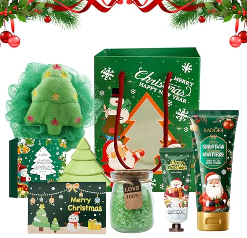 Set de regalo de sales de baño de Navidad, 7 unidades, hecho a mano, bola de sal de baño, sales de baño, loción corporal, crema de manos, esponja exfoliante, tarjeta de felicitación y bolsa de regalo