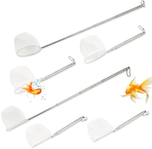 6 Pcs Fish Net for Fish Tank Extendable Stainless Steel Handle Small Tank Tool for Shrimp Bettas Brine (Square and Round)