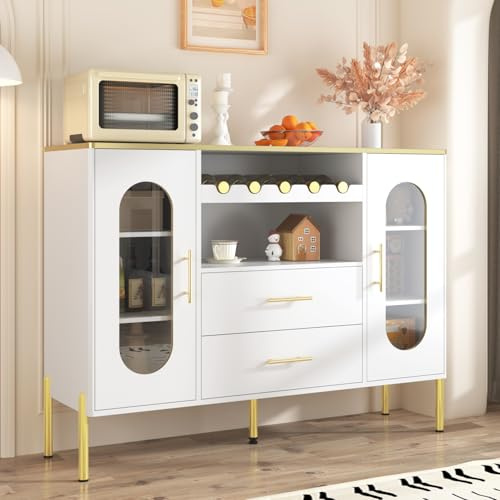 OLIVIBED Aparador con frentes de cristal y botellero, moderno armario de cocina con cajones y puertas, aparador con asas y patas, para cocina, comedor, blanco, 120 x 38 x 90 cm