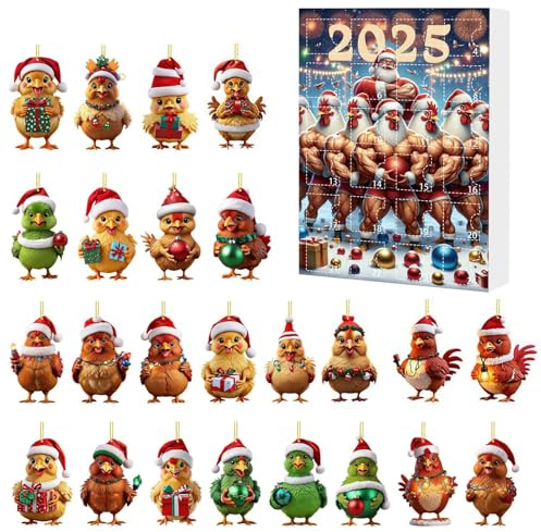 2025 Weihnachten Adventskalender 24 Tage Überraschung Weihnachten Countdown Kalender Huhn mit Weihnachtsmannmützen 2D Hängende Ornament Weihnachtsbaum Dekor für Kinder Erwachsene Teenager Jungen