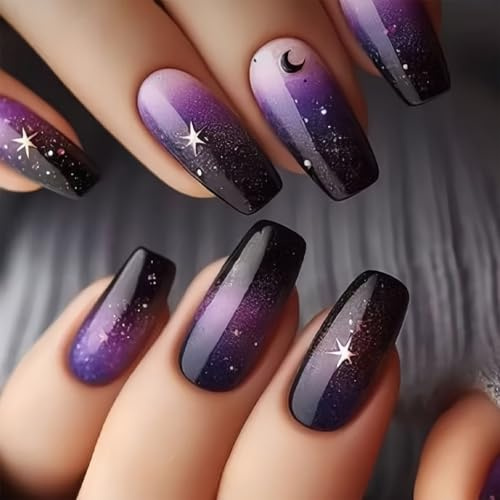 Nymora 24 Unghie Artificiali in Lilla con Design Cielo Stellato - Unghie Artificiali Quadre di Lunghezza Media da Appoggiare, Effetto Gel Lucido, Sfumatura Rossa