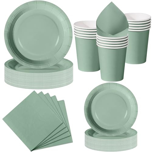 Nkaiso 50 Stück Salbeigrün Partygeschirr, Pappteller und Becher Set | Partyzubehör Set mit Einwegteller, Servietten & Becher für Kindergeburtstag, Grillfeste, Picknicks und Feiern