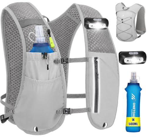 ONETOALL Laufweste Damen und Herren mit 500ml Trinkflasche 170g | Abnehmbare Lauflicht, Sitzend, Atmungsaktiv, Verstellbare Gurte, Handytasche für Laufen Joggen Wandern Trailrunning Marathon