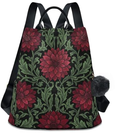 KLL William Morris Red Dahlias Black Background Pattern Fashion girls backpack lightweight school backpack for women for Daily College Shopping with Pom-pom keychain