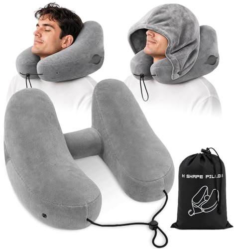 Ecofocet Air Nackenkissen Flugzeug Aufblasbar, Reisekissen mit Abnehmbarer Kapuze, kuschelig weicher, waschbarer Crystal-Velvet Bezug, Ergonomisches Nackenhörnchen für Reise Flugzeug Auto Zug (H-Form)