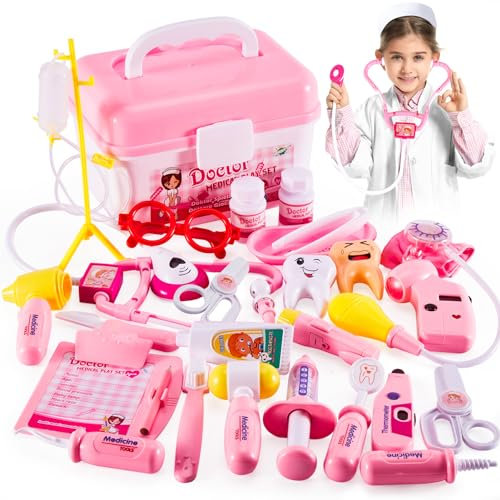 HERSITY Arztkoffer Mädchen Spielzeug 3+ Jahre Geschenkideen, Doktorkoffer Kinder Arztkittel Kind Doctor Set Rollenspiel Kinderspielzeug Geschenke Spielsachen ab 4 5 6 Jahre Kleinkinder Mädche (Rosa)