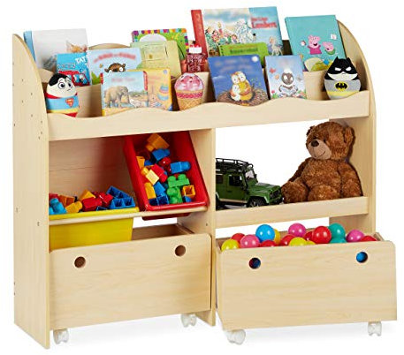 Relaxdays Kinderregal, Spielzeug Aufbewahrung, Kunststoff Boxen, Bücherregal, MDF, HxBxT: 88 x 108 x 29 cm, Holzoptik