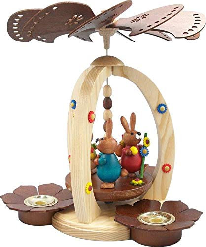 Pirámide de Pascua con 3 conejos de Pascua, multicolor, altura 28 cm, pirámide de Pascua, pirámide de madera, decoración de mesa, decoración de Navidad, juego de calor, luces de madera, madera noble,