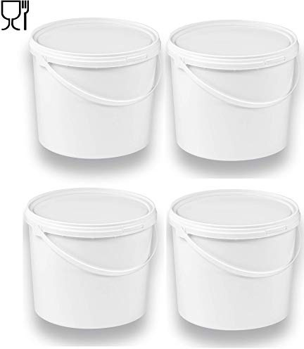 4 x 5 Liter Eimer mit Deckel, Weiß, stapelbar, lebensmittelecht, 4 Stück | Kunststoffeimer, Milch-/Vorratseimer, Honigeimer, Lebensmittelbehälter, Leereimer für Mehl, Wassereimer, Lebensmittelfreigabe