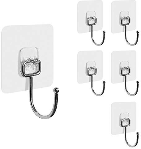 Hushtong Adhesive Hooks Heavy Duty Wall Hooks 20kg (Max) Self Adhesive Hooks,Strong Clear Stick on Hooks Free Nail for Kitchen,Home and Office,6Pack