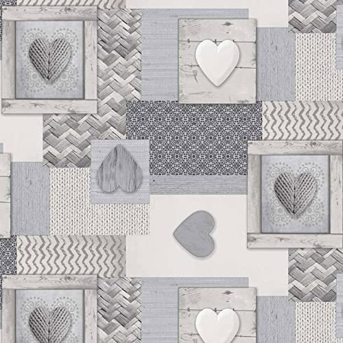 QPC Direct Knitted Hearts Grey PVC Oilcloth Table Cover Vinyl Tablecloth 140 x 200cm Rectangle