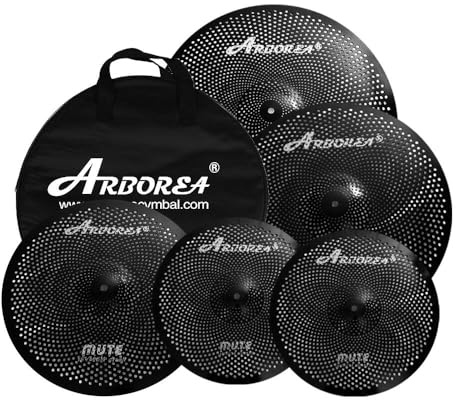Arborea Low Volume Cymbal Pack Black 14hi-hat+16crash+18crash+20ride 5 Pieces Practice Mute Cymbal Set for Drums