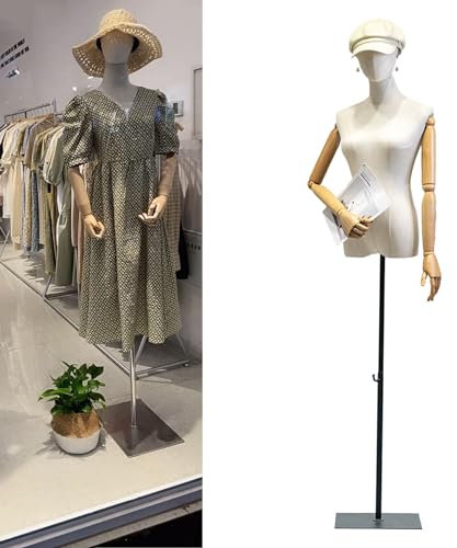 Jueraori Schaufensterpuppe Körper Weiblich, Schneiderpuppe mit Holz Armen, Mannequin Torso mit Verstellbare Höhe 140-190cm, Damenbüste Kleiderpuppe Ausstellungsstand (Schwarz, MEDIUM)