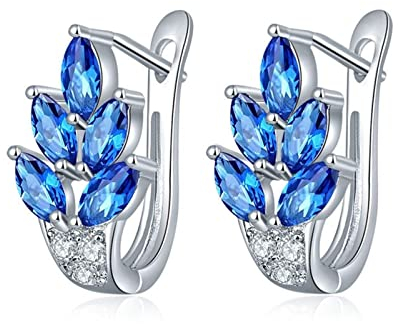 Damenohrringe, Ohrringe Silber Blume Blau mit Marquiseschliff Zirkonia Weiß Vergoldet 20mm