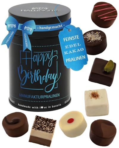 Hallingers Genuss Manufaktur Pralinen Geburtstagsgeschenk - ohne Alkohol, handmade aus Confiserie-Edelkakao in wertiger Geschenkdose Happy Birthday, Geschenke für Frauen Männer
