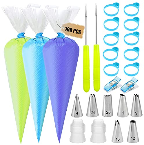 Piping Bags and Tips Set - 100 12Inch Disposable Pastry Piping Bags for Royal Icing with 7 Frosting Tips, 10 Icing Bags Ties, 2 Scriber Needle - Tipless Piping Bags Kit for Cookies & Cake Decorating