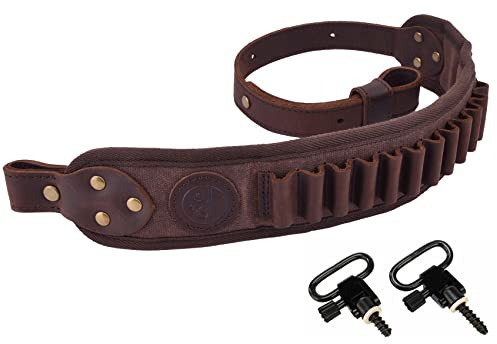 Leather Rifle Sling Gun Shell Holder Straps Loops for .357 .30-30, .38 .32Win Spcl.32-40 Cartridges (Coffee, with Swivels)