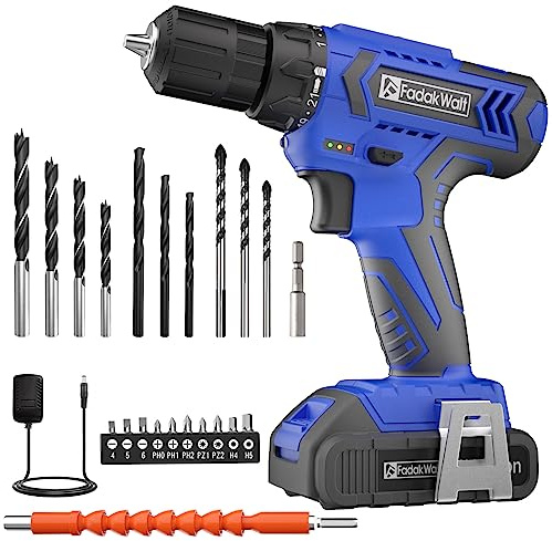 FADAKWALT Power Cordless Drill Driver, 20V and Screwdriver Set, Electric Combi Kit 21+1 Torque, DIY Accessory 2 Variable Speeds, Suitable for Wood, Metal Concrete, Blue