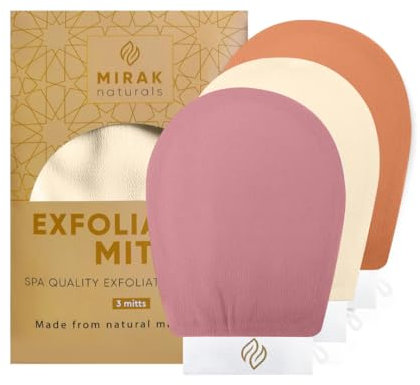 Mirak Naturals 3 Deep Exfoliating Mitts Body Scrub for Soft Skin - Exfoliating Glove & Skin Cleanser Spa Hammam Fake Tan Remover, Double-Sided Deep Exfoliation Scrubbing Mitt, Shower Gloves