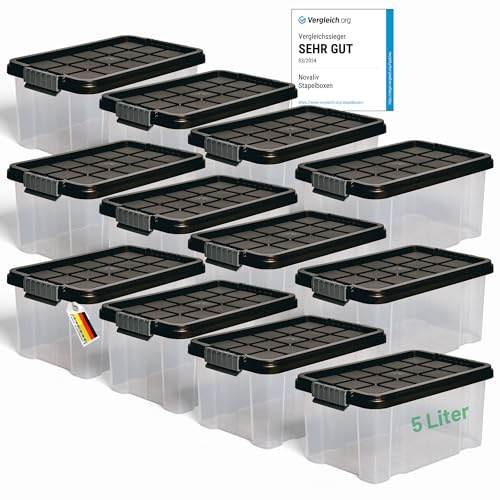 Novaliv 12x Aufbewahrungsboxen mit Deckel 5L Anthrazit Nestbar stapelbare Storage boxes mit Clipverschluss Kunststoff BPA-frei 30 x 19 x 14 cm