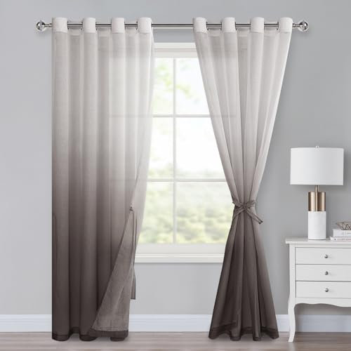 XWZO Ombre Cortinas con ojales, cortinas de voile degradado de color, 2 unidades, para dormitorio y salón, cortinas con trabillas con alzapaños, 225 x 140 cm (alto x ancho), marrón café