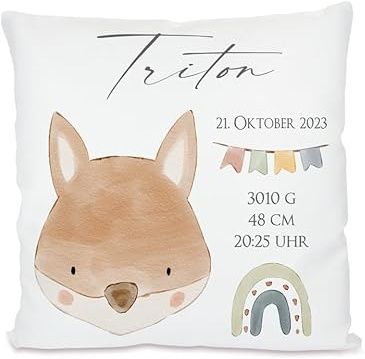 Manufaktur Liebevoll personalisiertes Kissen zur Geburt | Geschenk mit Namen für Mädchen und Jungen | Kissen mit Geburtsdaten für Neugeborene | Personalisiertes Geschenk zur Geburt (Motiv Fuchs)
