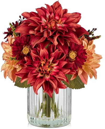 Briful Künstliche Dalia Kunstblumen Wie Echt in Zylindrischer Glasvase mit Kunstwasser Dekoblumen Chrysantheme Blumengesteck für Home Wohnzimmer Bad Herbst Dekoration