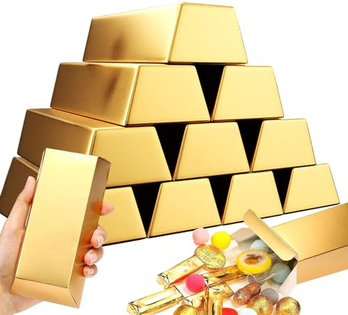HecticCore 24 Goldbarren Süßigkeiten Boxen, Goldmünzen und Münz, geschenkbox klein, perfekt für Piratenmottos, Partys, Geburtstag, Schatzsuchen, Casino-Dekorationen und Kindergeburtstage