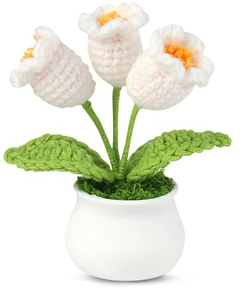 BRTNUP Mini Crochet Flower Potted Plant, Lily of the Valley Knitted Lifelike Flowers, Versatile Home Accessory for Dining Table and Car Decor (White)