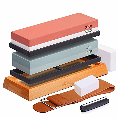 ISCBAFYX Kit de Pierre à aiguiser Les Couteaux 4 graviers latéraux 400/1000 3000/8000 Pierres à aiguiser pour Couteaux Coussin en Silicone positionneur d'angle aiguiseur de Couteaux Japonais