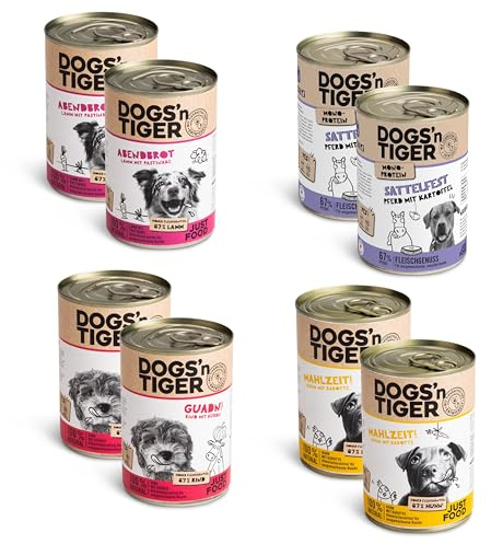 Dogs'n Tiger Nourriture humide pour chien adulte, hypoallergénique, sans sucre ajouté ni conservateurs artificiels, tolérance optimale, mélange de sensibles, bœuf, agneau, poulet et cheval