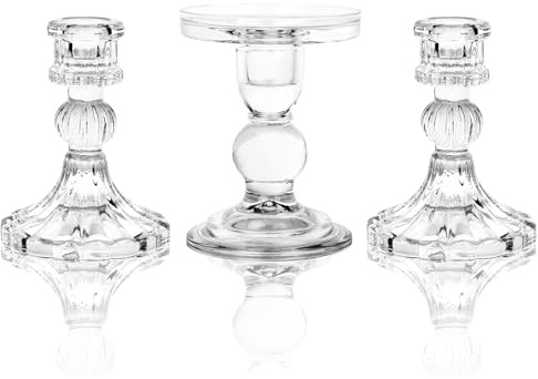 Unity Kerzenhalter – Glas-Kerzenhalter für Stumpenkerze und Stabkerze, klarer Kerzenhalter, 3er-Set, dekorativer Kerzenhalter, Glas-Kerzenständer für Hochzeitstisch, Tafelaufsatz, Abendessen
