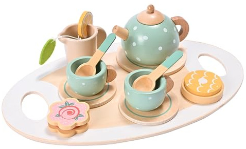 Teeservice Kinder, Teeservice Holz Kinderküche, Teeset aus Holz für Kleine Mädchen, Spielküche Zubehör, Holzspielzeug für Kinder, Exquisites Geburtstagsgeschenk für Kinders ab 3 Jahren