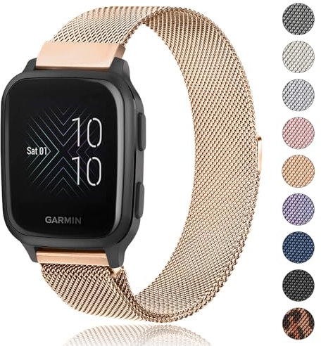 Amzpas Garmin Armband 20mm für Damen Herren, Edelstahl Mesh Metall Ersatzarmbänder für Garmin Venu Sq 2 (Roségold)