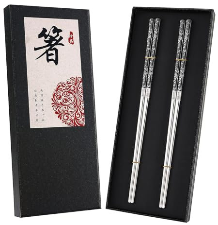 HRLORK Metal Chopsticks 2 Pairs Stainless Steel Chopsticks Reusable Use Non-Slip Chop Sticks Gift Set Dishwasher Safe for Kitchen Restaurant