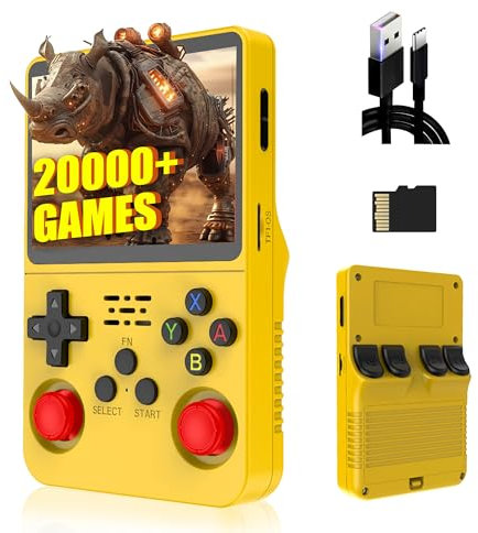 QISHENKOLA R36S Retro Handheld Game Console,Support 21 Emulator,3500mAh Battery,Linux System,3.5 inch IPS Screen Portable Mini emulator handheld,Cortex-A35,plug and play (Yellow-128G)