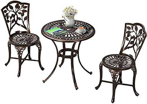 3-teiliges Bistrotisch-Set für die Terrasse mit Blattdesign, Antik-Finish, Gartenmöbel-Set aus Aluminiumguss mit Loch für Schirm, rostbeständiger Tisch und Stühle für den Balkon oder Hinterhof (schwar