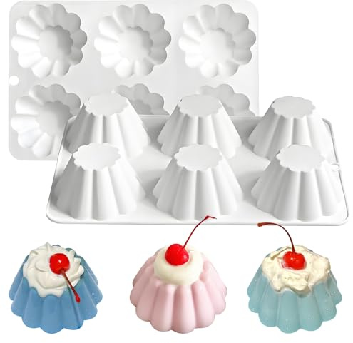 Fchil Silicone Pudding Mold, 6-Cavity Nonstick Jello Dessert Making Tray, Custard Mold for Mousse Cake, Set of 2, White
